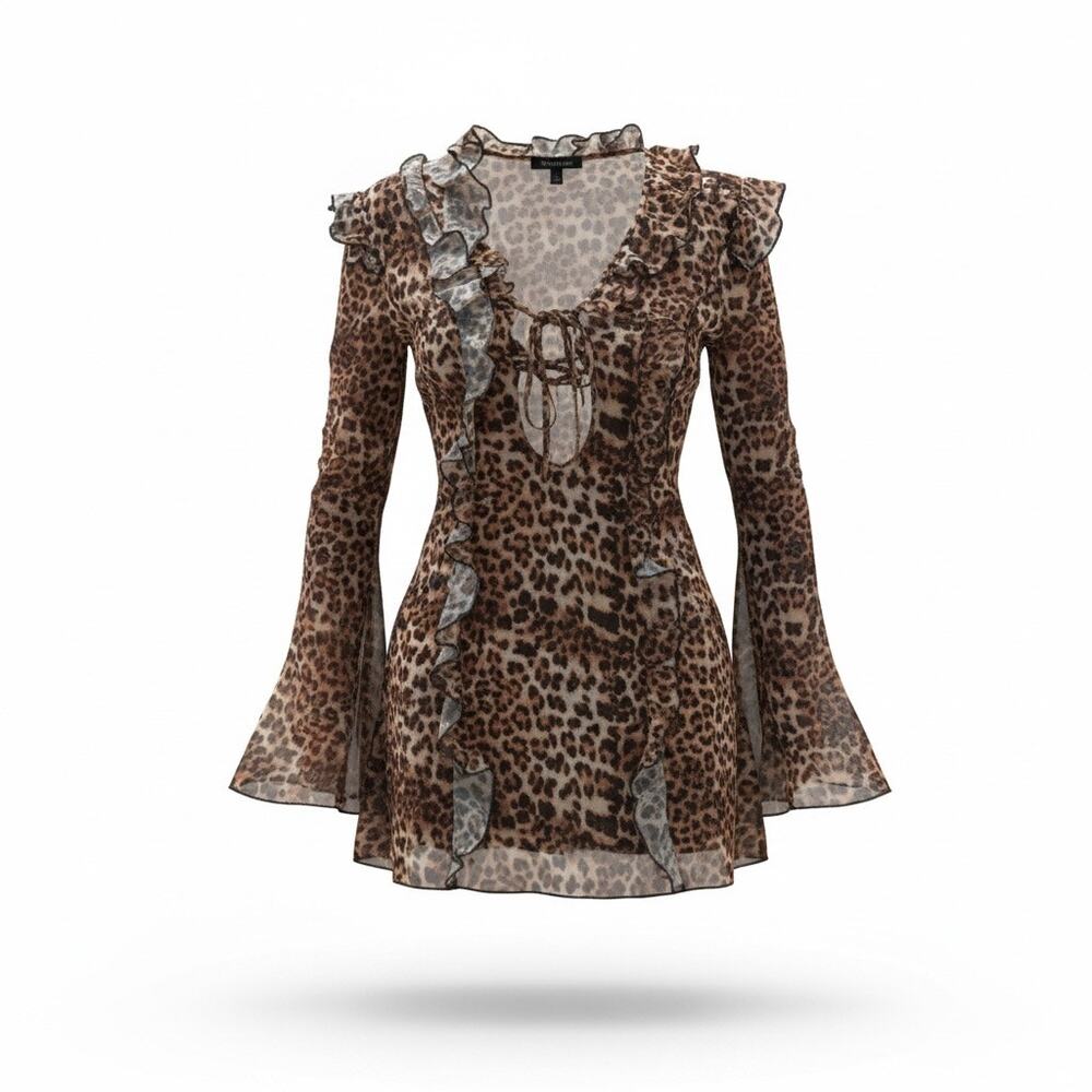 Strawberry Milk Mob Cover Up Dress Size M Brown Leopard Print Ruffle Bell Sleeve